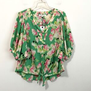 Rose Olive Top Blouse L Green Floral Tie Front Puff Sleeve Summer Spring NEW